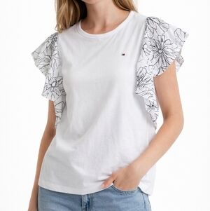 Women's Tommy Hilfiger White Puff Floral Sleeve T-Shirt - Size S